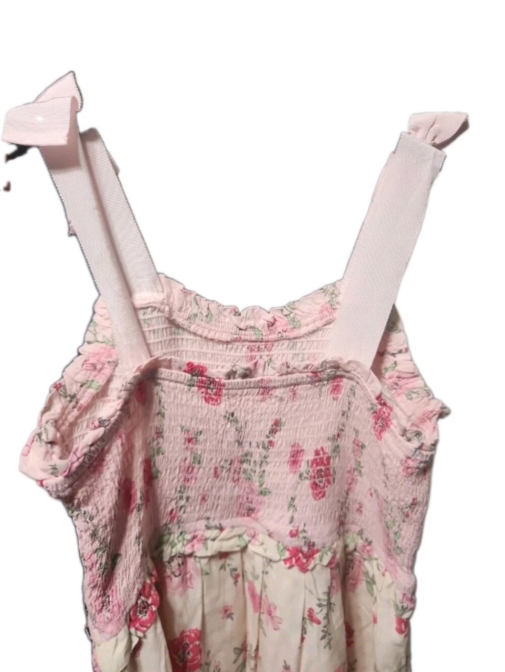 Sz 10 L Japna Girls Cottagecore Floral Bow Summer Boho Dress Ruffle Stretch Pink